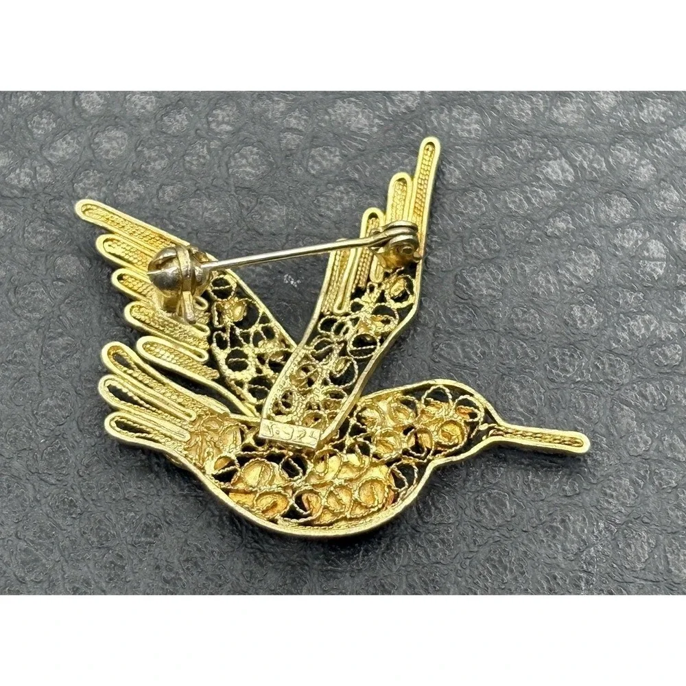 VTG Hummingbird Brooch Vermeil 925 Sterling Silver Turquoise Coral Blue Enamel